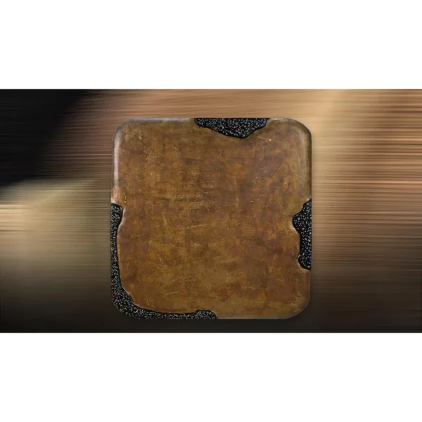 Rust Glazed Slab with Black Speckle Corners, 120 x 120 cm in rust — in a room setting