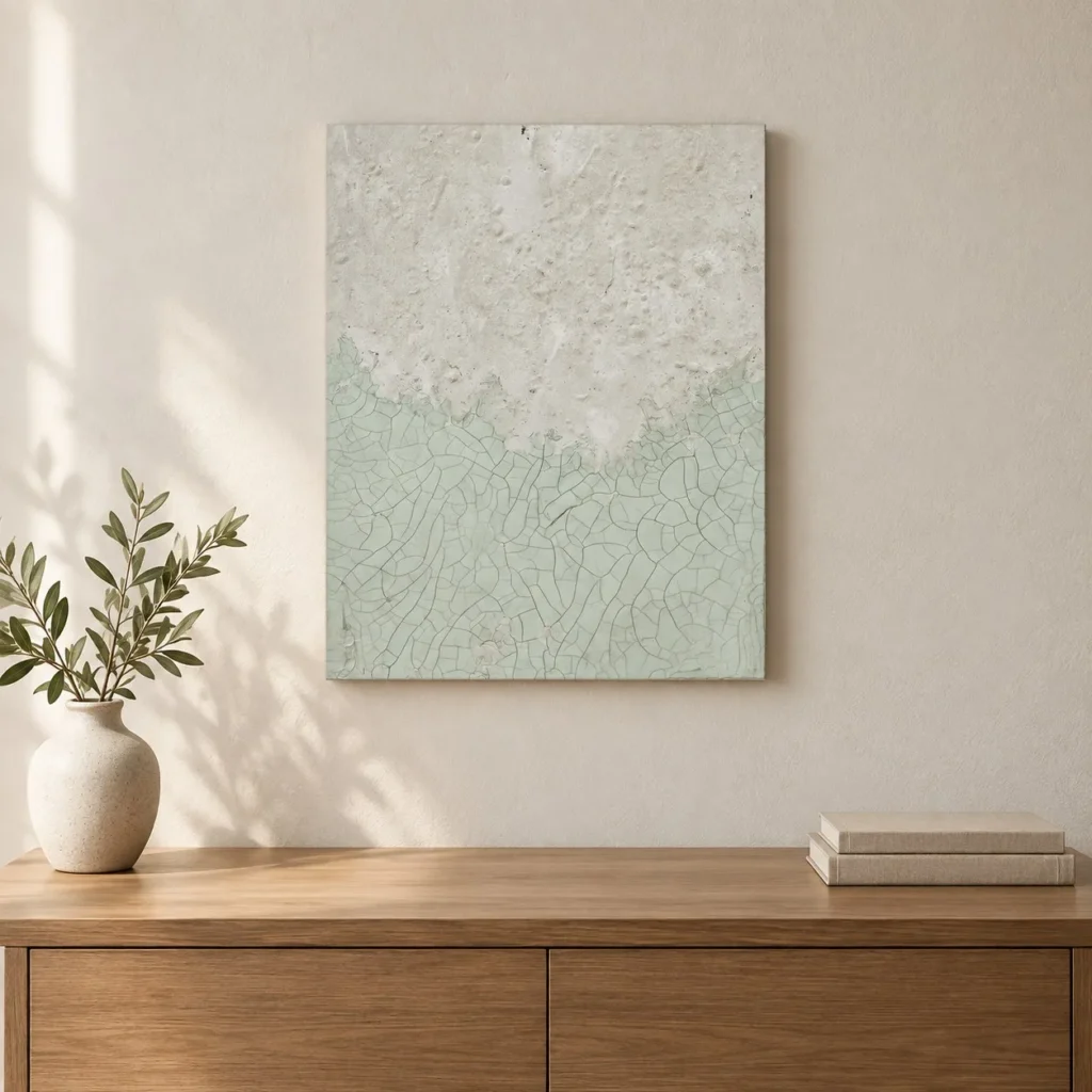 White Crackle Plaster Panel on Pale Green, 40 x 55 cm in ivory — front view