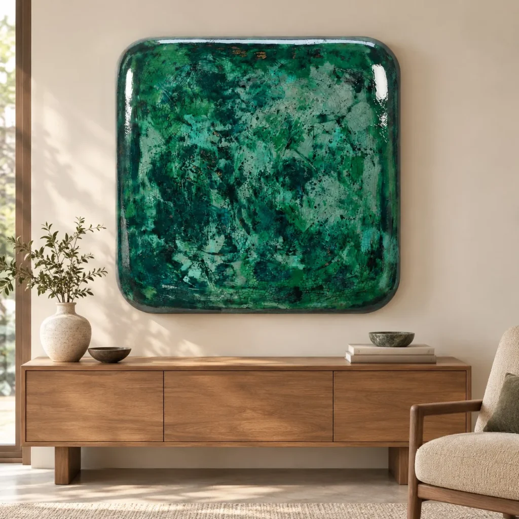 Emerald Marbled Glazed Slab, 100 x 100 cm in olive — front view