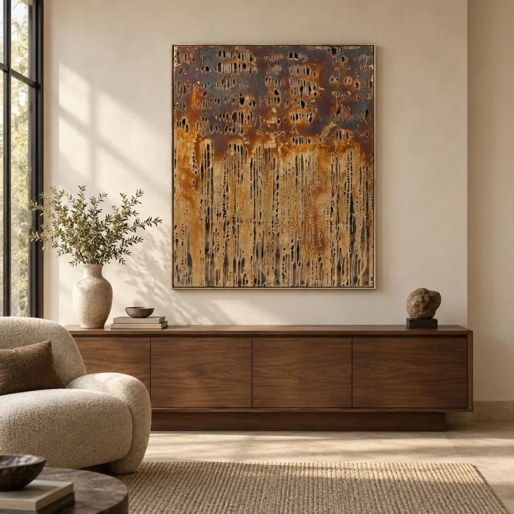 Rust Drip Mosaic Panel, 100 x 120 cm in rust — front view