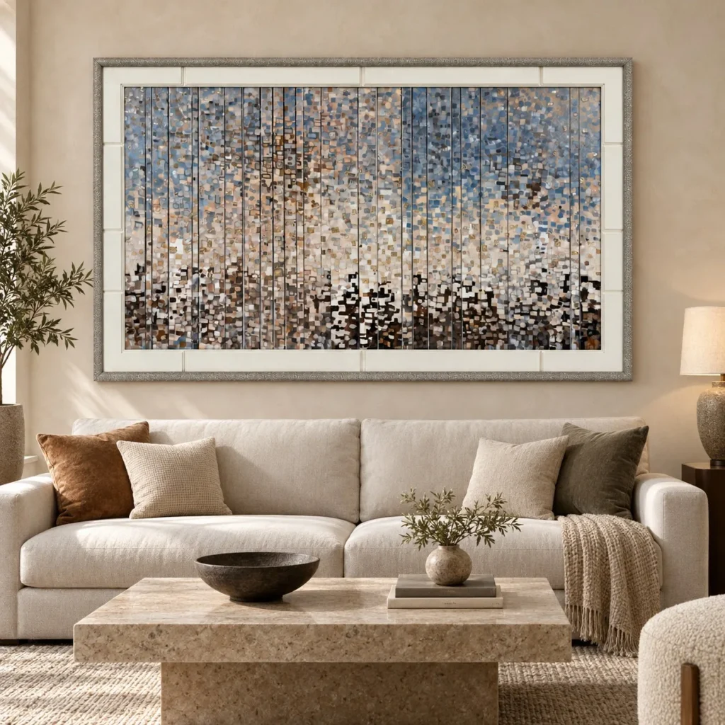 Wide Pixel Rain Mosaic in Grey Frame, 180 x 120 cm — front view