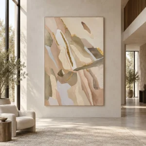 Tall Blush Marquetry Abstract with Gold Lines, 120 x 180 cm in rose stone — front view
