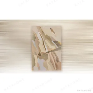 Tall Blush Marquetry Abstract with Gold Lines, 120 x 180 cm in rose stone — in a room setting