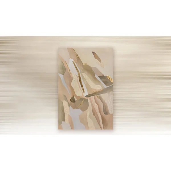Tall Blush Marquetry Abstract with Gold Lines, 120 x 180 cm in rose stone — in a room setting
