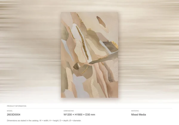 Tall Blush Marquetry Abstract with Gold Lines, 120 x 180 cm in rose stone — dimensions
