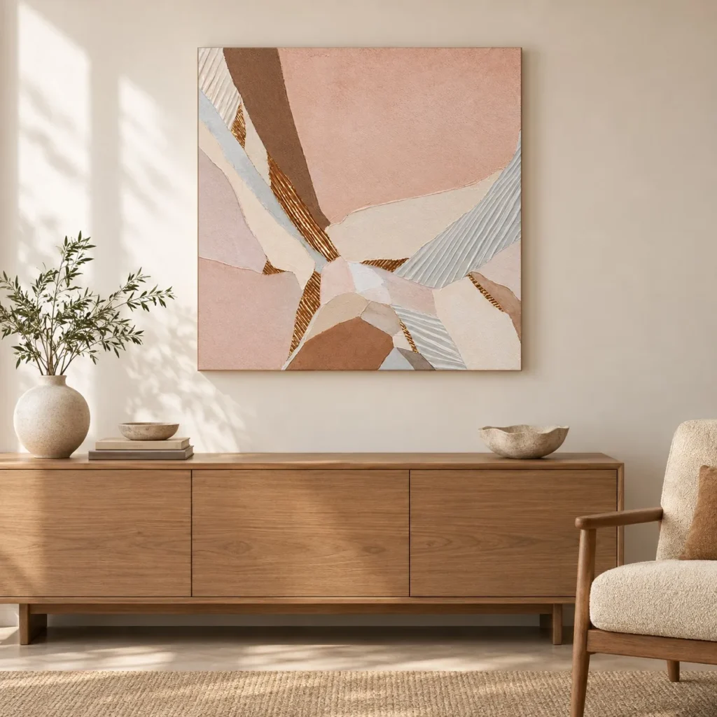 Blush Marquetry Abstract with Gold Lines, 80 x 80 cm in rose stone — front view