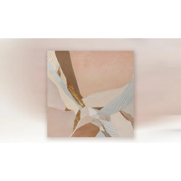 Blush Marquetry Abstract with Gold Lines, 80 x 80 cm in rose stone — in a room setting