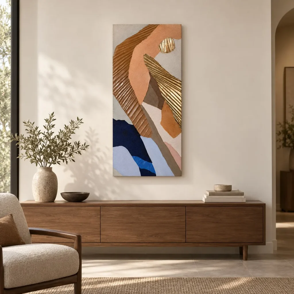 Tall Marquetry Abstract in Rust, Blue and Gold, 45 x 100 cm — front view