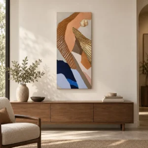 Tall Marquetry Abstract in Rust, Blue and Gold, 45 x 100 cm — front view