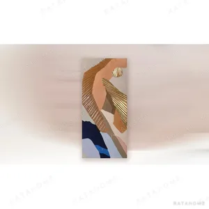 Tall Marquetry Abstract in Rust, Blue and Gold, 45 x 100 cm — in a room setting