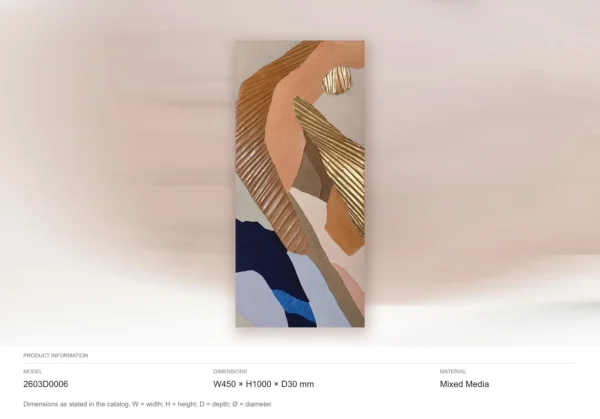Tall Marquetry Abstract in Rust, Blue and Gold, 45 x 100 cm — dimensions