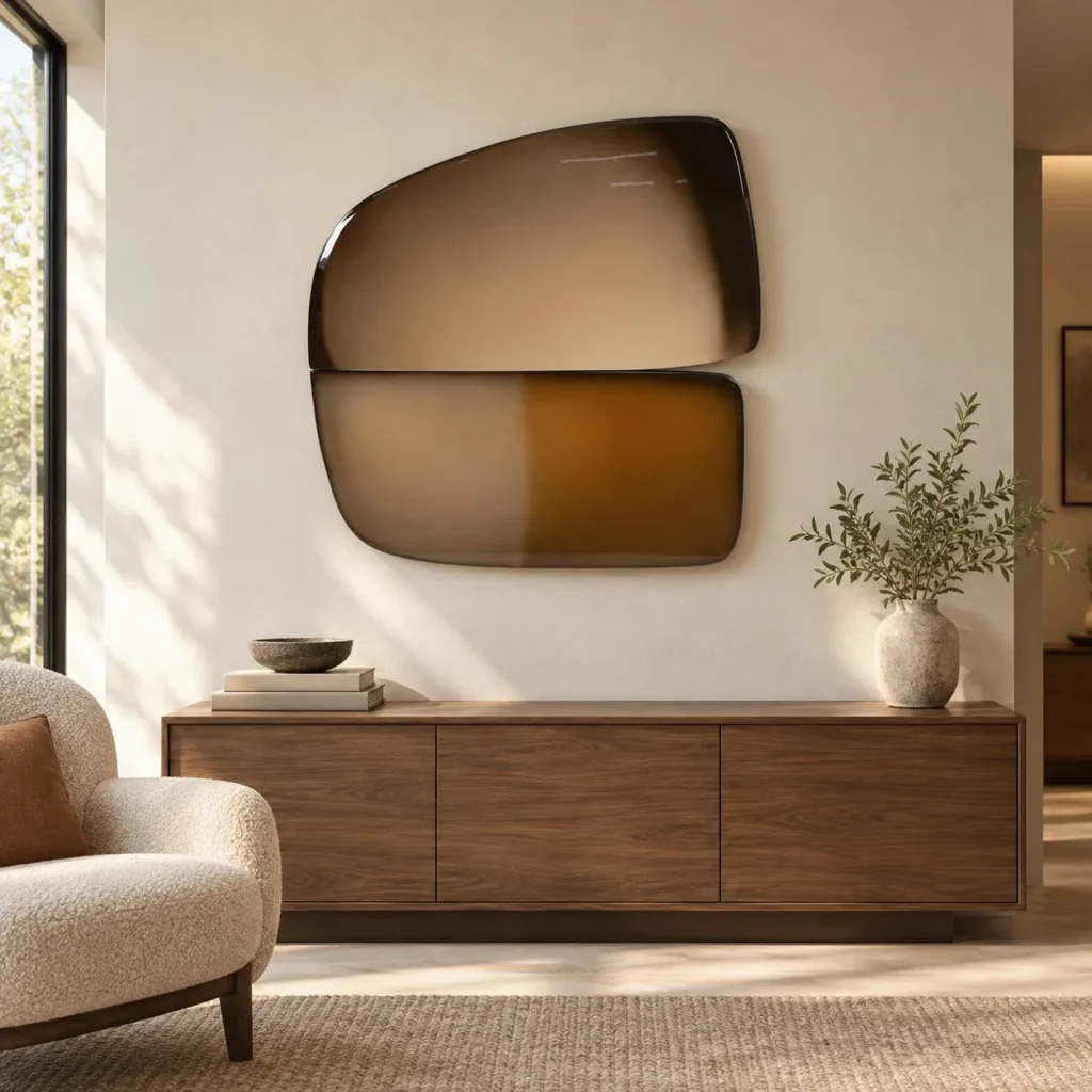 Glossy Brown Pebble Wall Sculpture Set, 100 x 100 cm in clay — front view