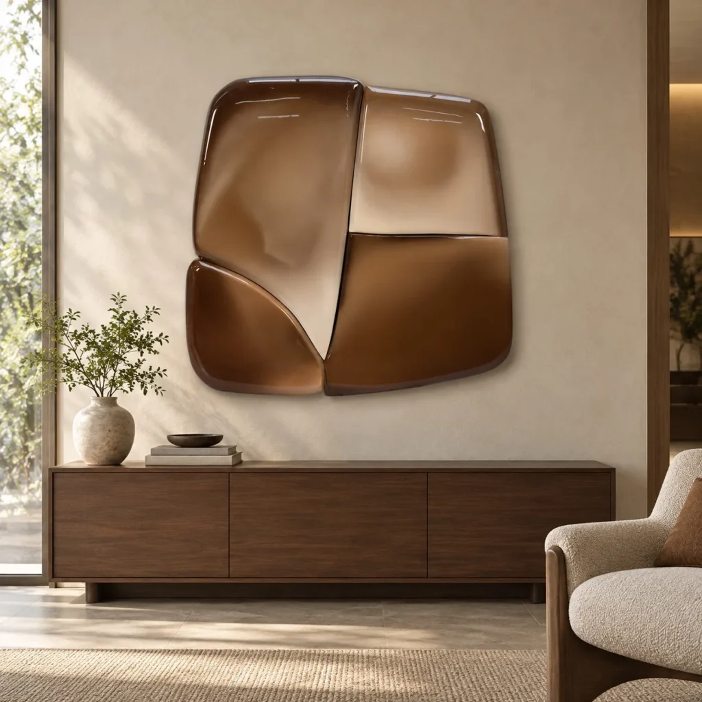 Glossy Brown Pebble Cluster Wall Sculpture, 100 x 100 cm in clay — front view