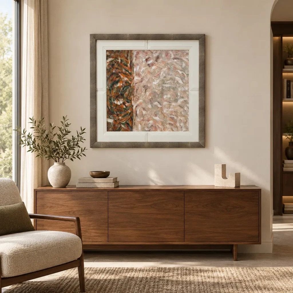 Feathered Speckle Painting in Marble Frame, 80 x 80 cm — front view