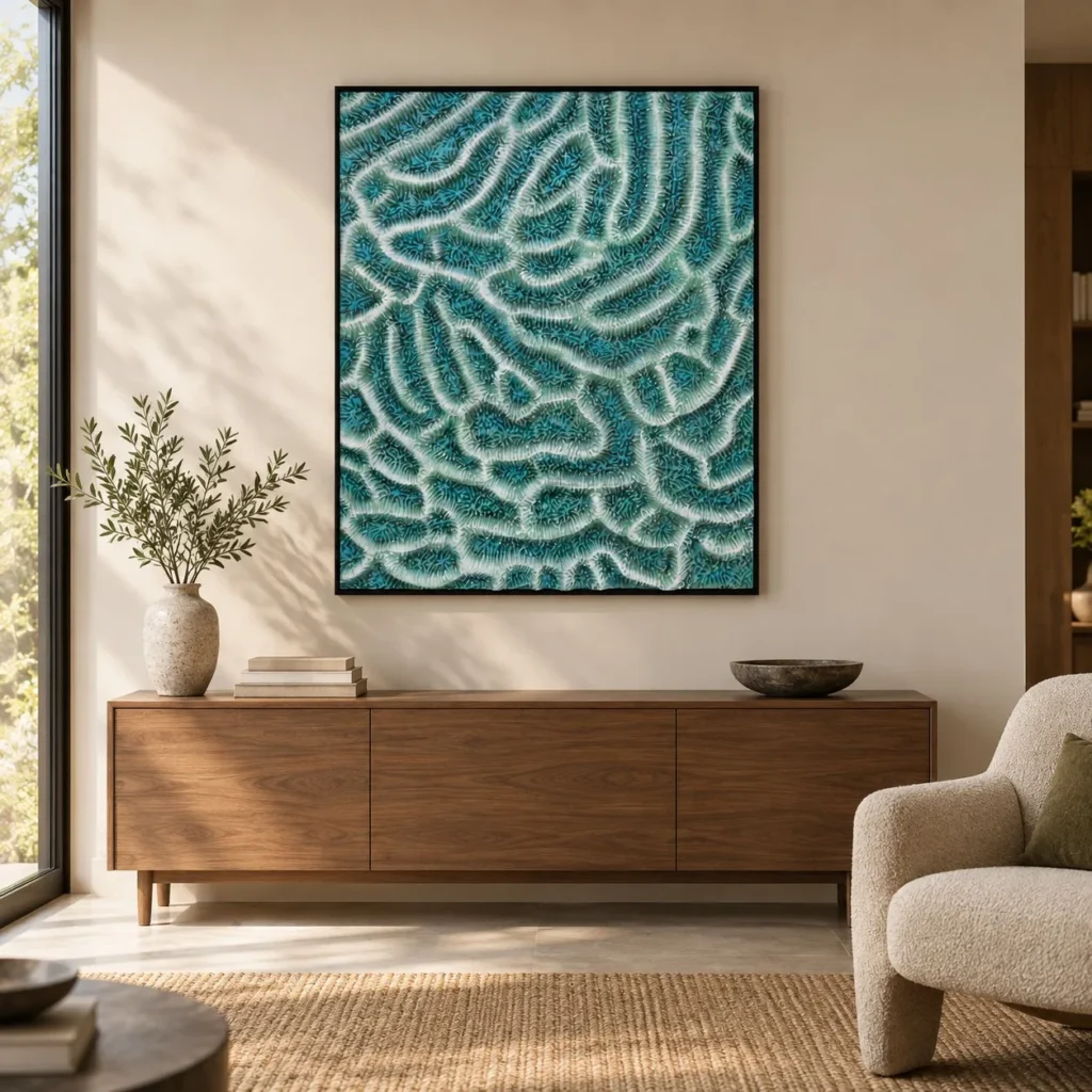 Teal Coral Maze Relief in Black Frame, 100 x 120 cm — front view