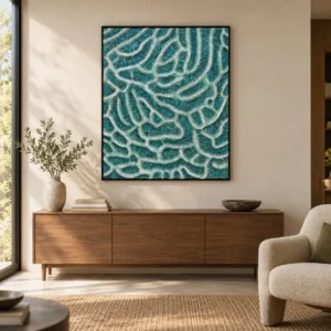 Teal Coral Maze Relief in Black Frame, 100 x 120 cm — front view