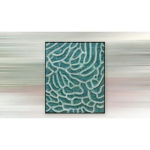 Teal Coral Maze Relief in Black Frame, 100 x 120 cm — in a room setting
