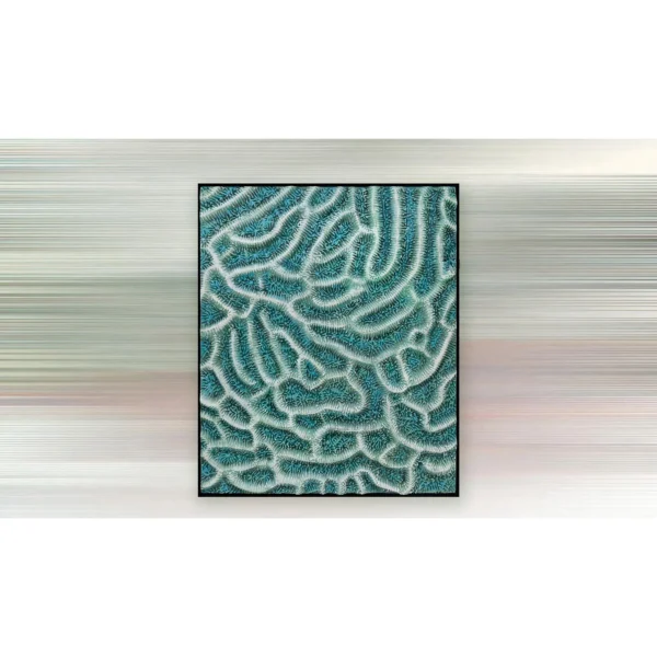 Teal Coral Maze Relief in Black Frame, 100 x 120 cm — in a room setting