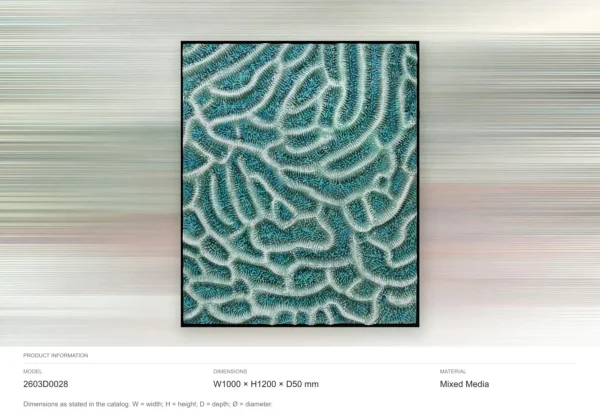 Teal Coral Maze Relief in Black Frame, 100 x 120 cm — dimensions