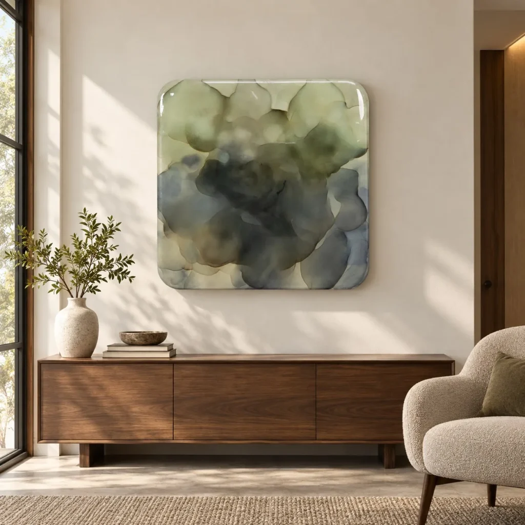Sage and Slate Ink Bloom Glazed Slab, 90 x 90 cm in olive — front view