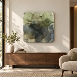 Sage and Slate Ink Bloom Glazed Slab, 90 x 90 cm in olive — front view