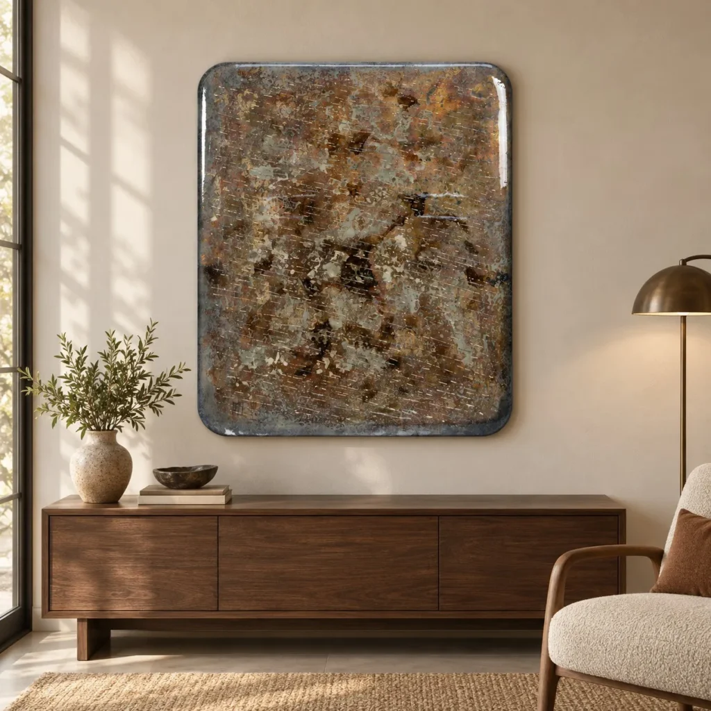 Rust Patina Glazed Slab, 100 x 120 cm in rust — front view