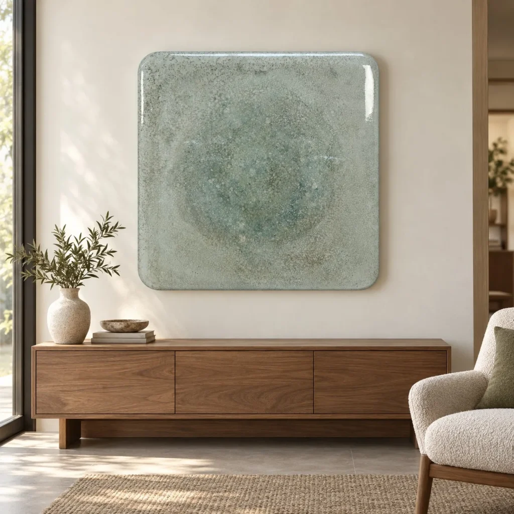 Pale Blue Speckle Glazed Slab, 100 x 100 cm in blue — front view