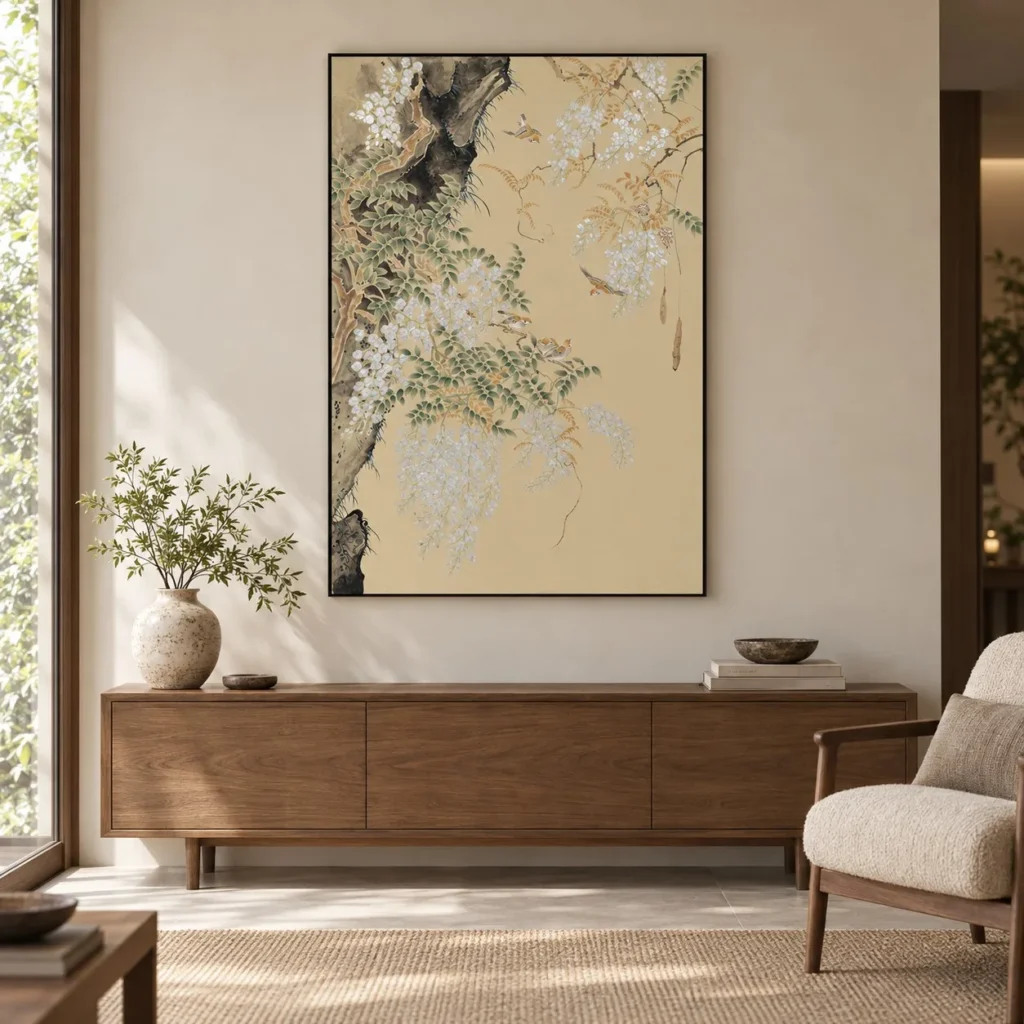 Wisteria Branch Panel on Cream, 90 x 130 cm in oatmeal — front view