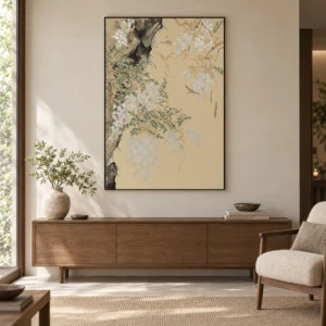 Wisteria Branch Panel on Cream, 90 x 130 cm in oatmeal — front view
