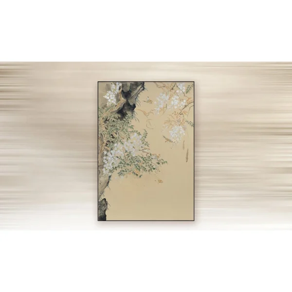 Wisteria Branch Panel on Cream, 90 x 130 cm in oatmeal — in a room setting