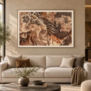 Wide Botanical Line Drawing in Rust and Cream, 160 x 110 cm — front view