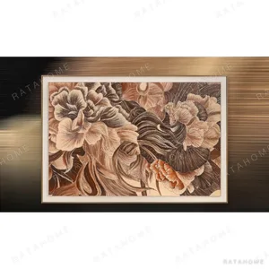 Wide Botanical Line Drawing in Rust and Cream, 160 x 110 cm — in a room setting