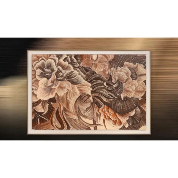 Wide Botanical Line Drawing in Rust and Cream, 160 x 110 cm — in a room setting