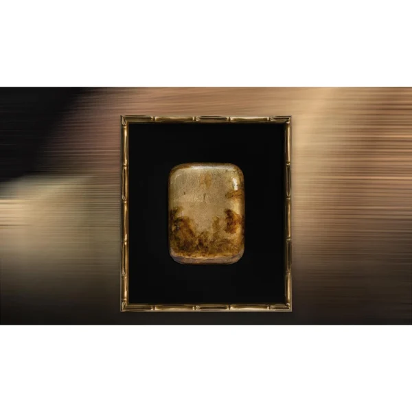 Small Amber Stone in Black Mount and Bamboo Frame, 35 x 40 — in a room setting