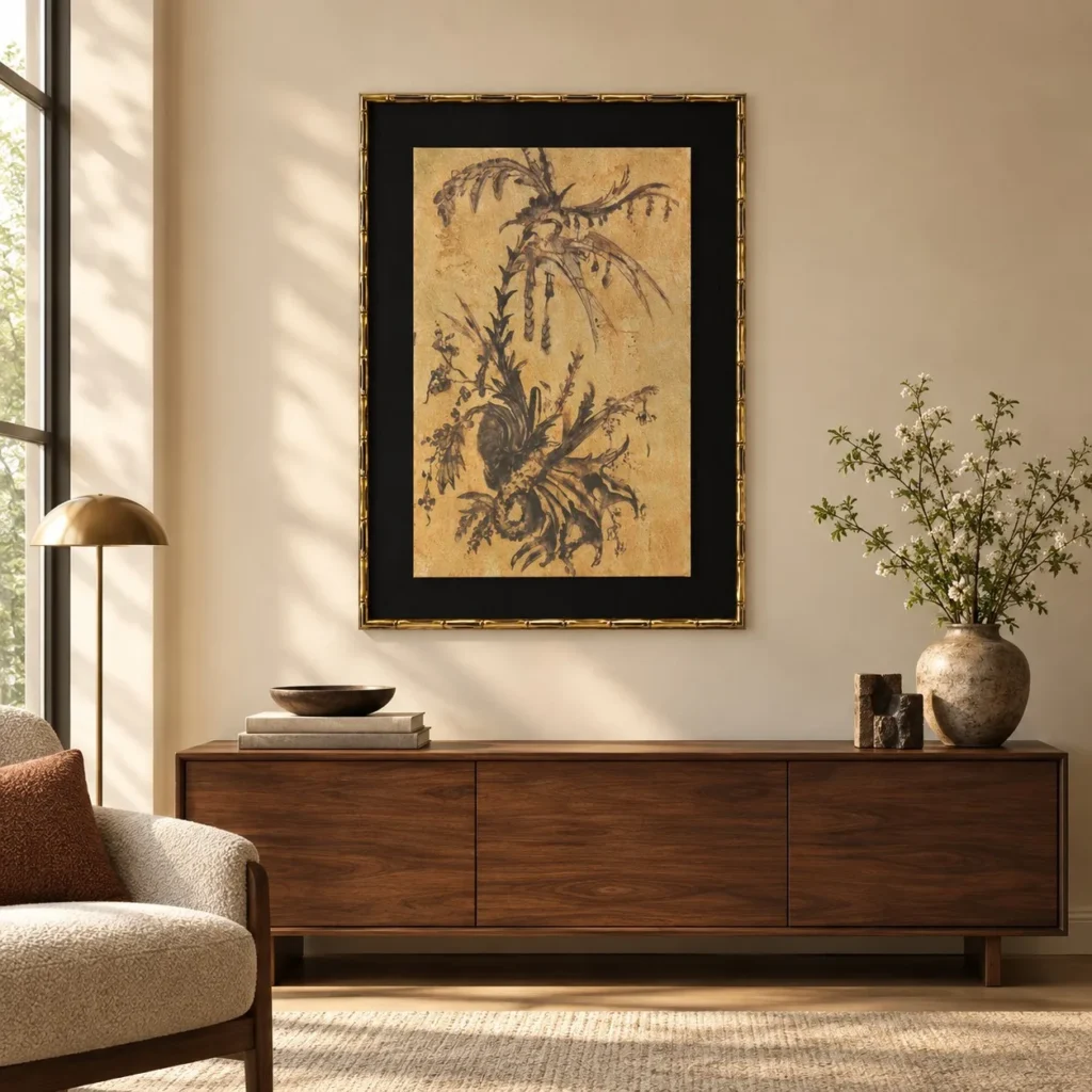 Lobster Ink Sketch on Gold in Black and Gold Frame, 70 x — front view