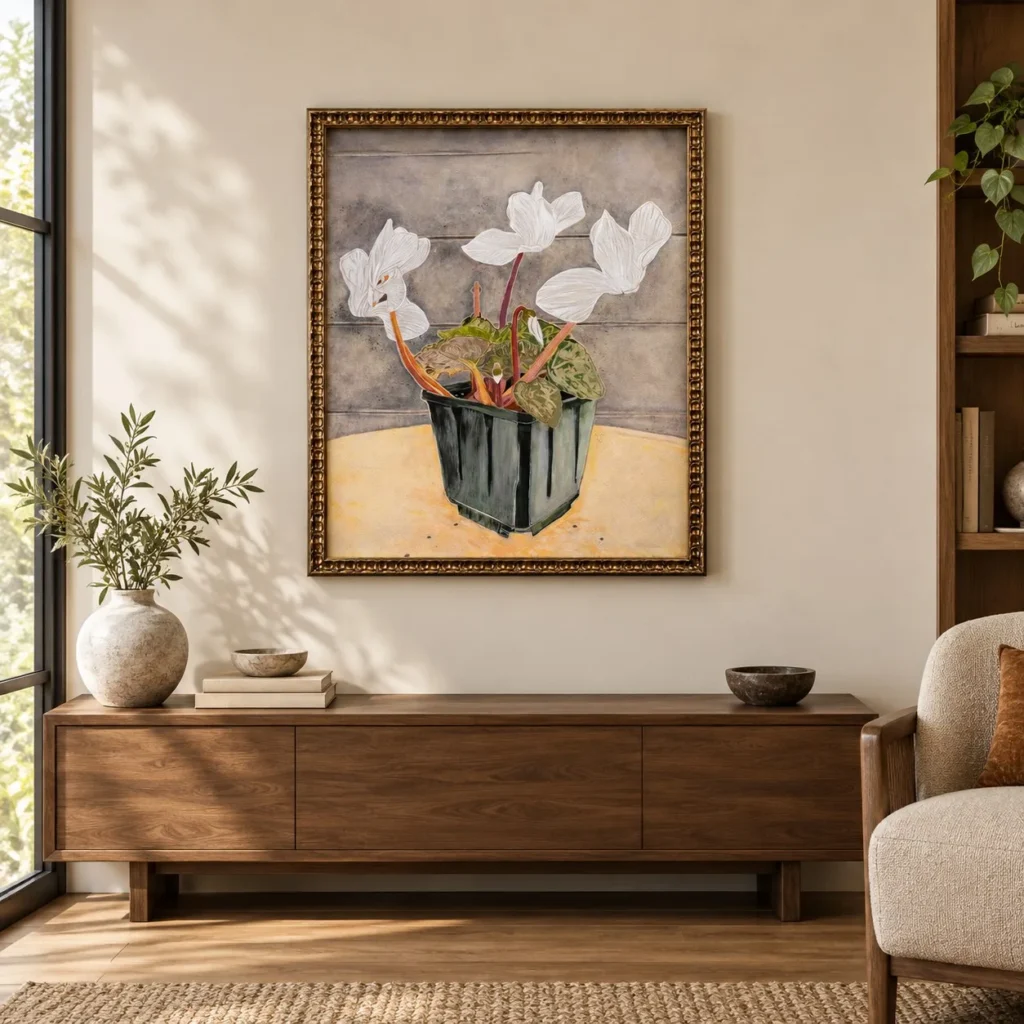 White Lily Still Life Painting in Gold Frame, 80 x 95 cm — front view