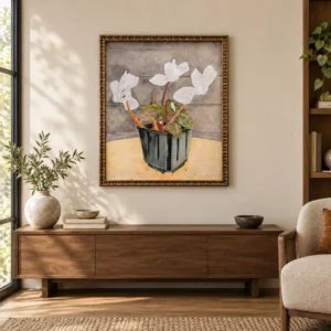 White Lily Still Life Painting in Gold Frame, 80 x 95 cm — front view