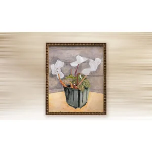 White Lily Still Life Painting in Gold Frame, 80 x 95 cm — in a room setting