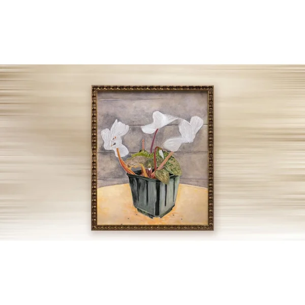 White Lily Still Life Painting in Gold Frame, 80 x 95 cm — in a room setting