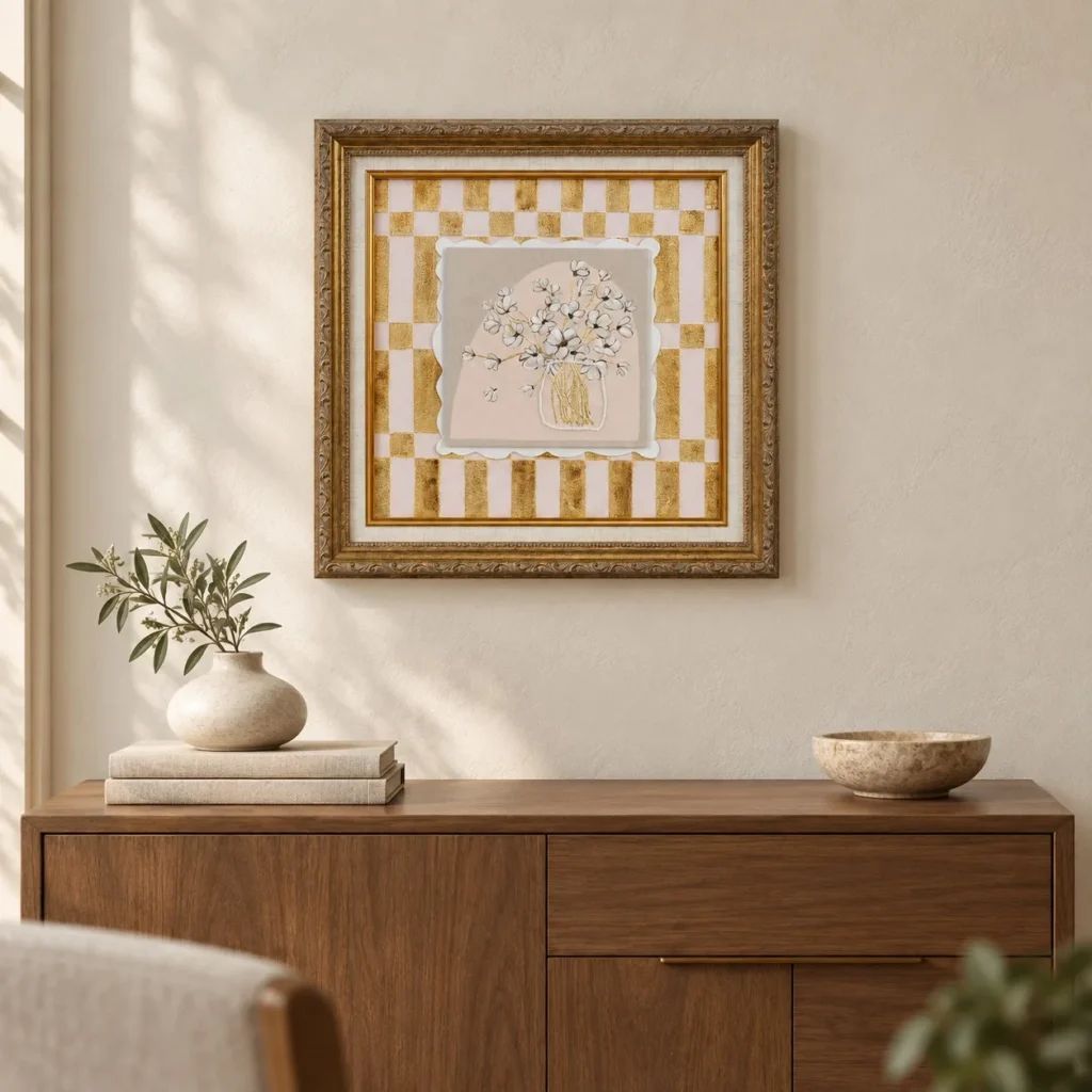 Small Vase Sketch in Chequered Gold Frame, 45 x 45 cm — front view