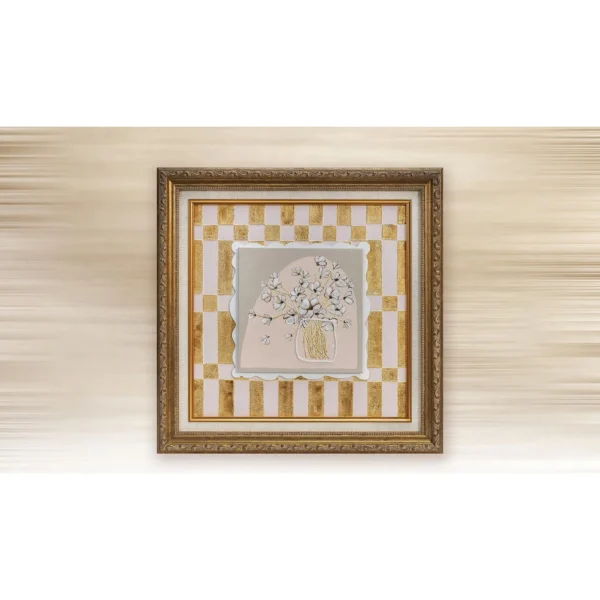 Small Vase Sketch in Chequered Gold Frame, 45 x 45 cm — in a room setting