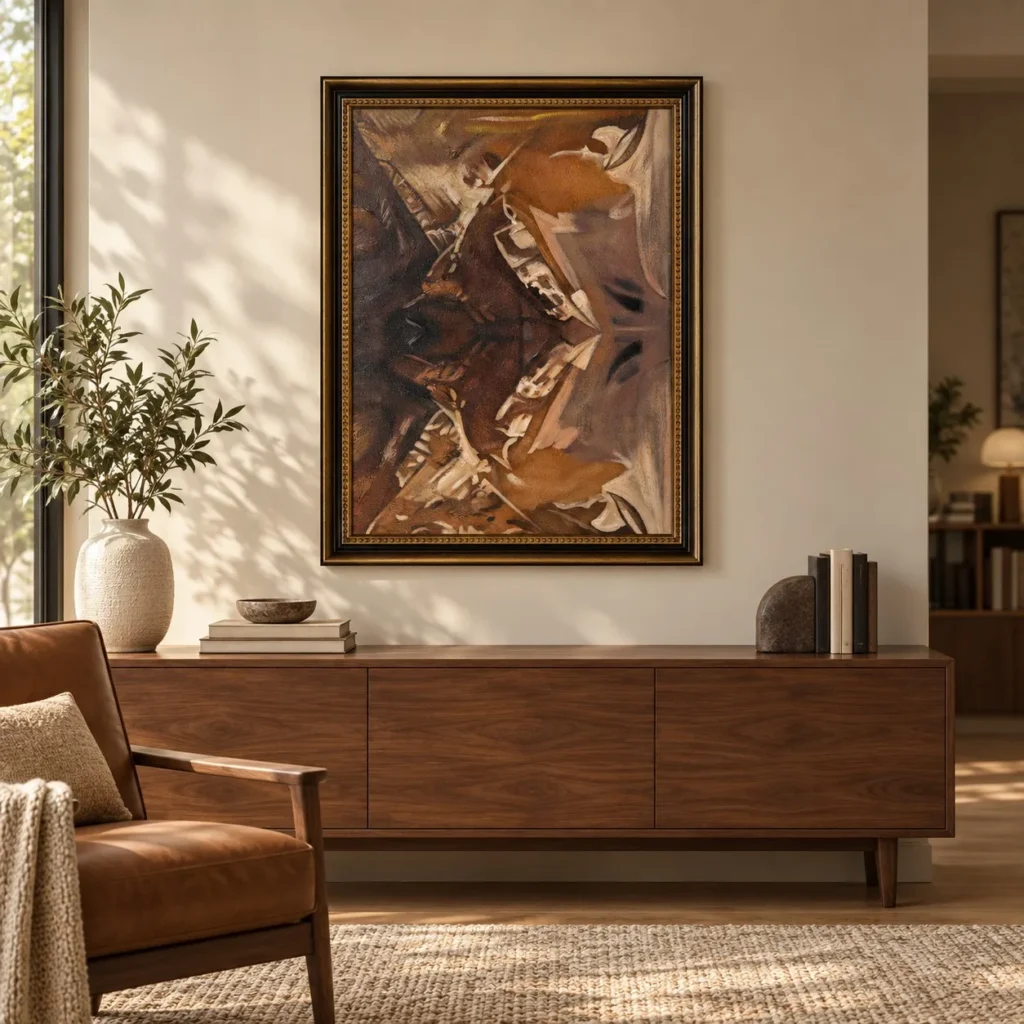 Brown Abstract Figure Painting in Gold Frame, 68 x 88 cm — front view