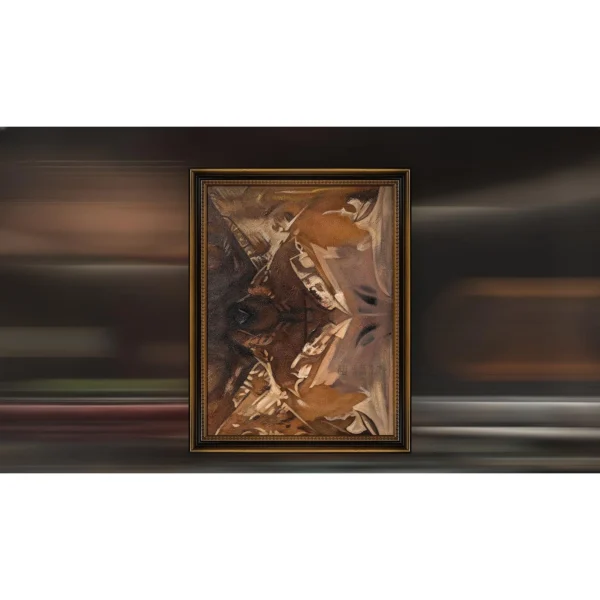Brown Abstract Figure Painting in Gold Frame, 68 x 88 cm — in a room setting