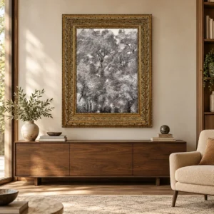 Monochrome Forest Painting in Ornate Gold Frame, 95 x 120 cm — front view