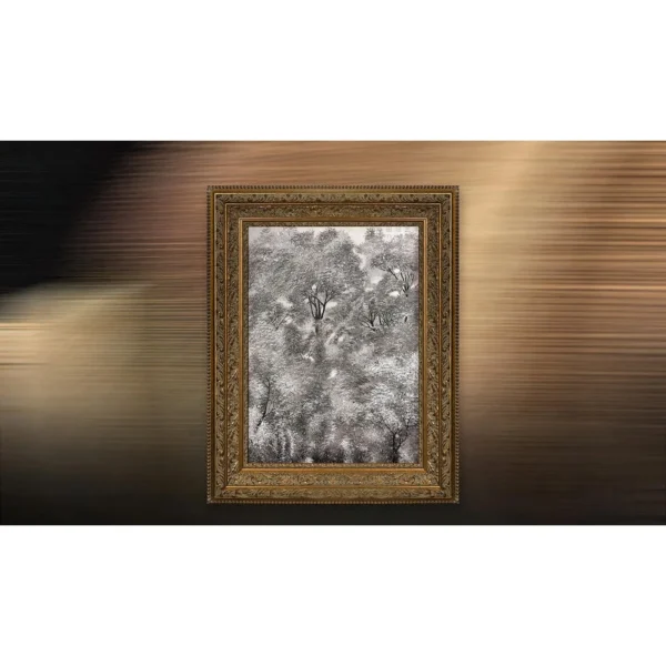 Monochrome Forest Painting in Ornate Gold Frame, 95 x 120 cm — in a room setting