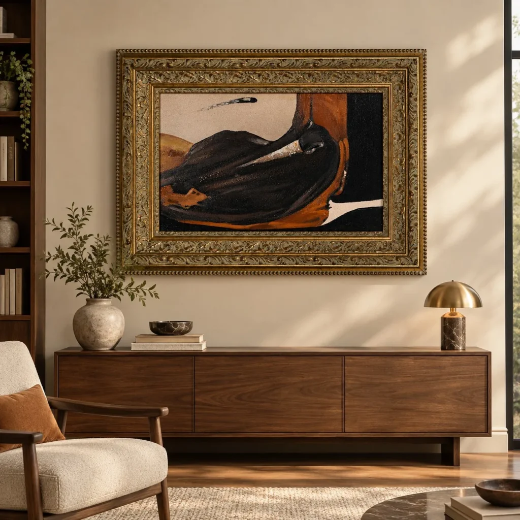 Black Bird Painting in Ornate Gold Frame, 110 x 80 cm — front view
