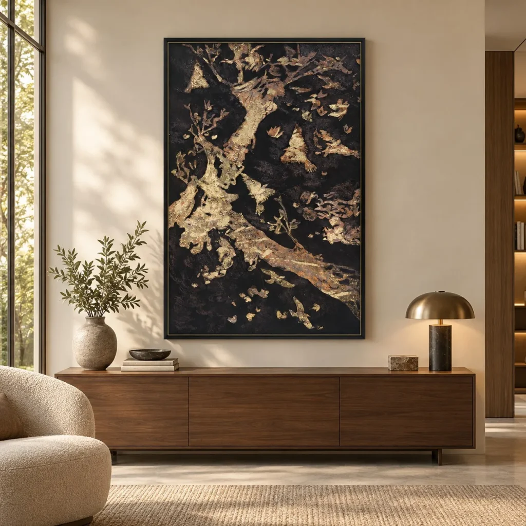 Gold Leaf on Black Abstract in Black Frame, 120 x 160 cm — front view