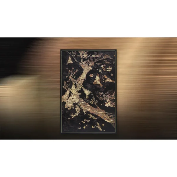 Gold Leaf on Black Abstract in Black Frame, 120 x 160 cm — in a room setting