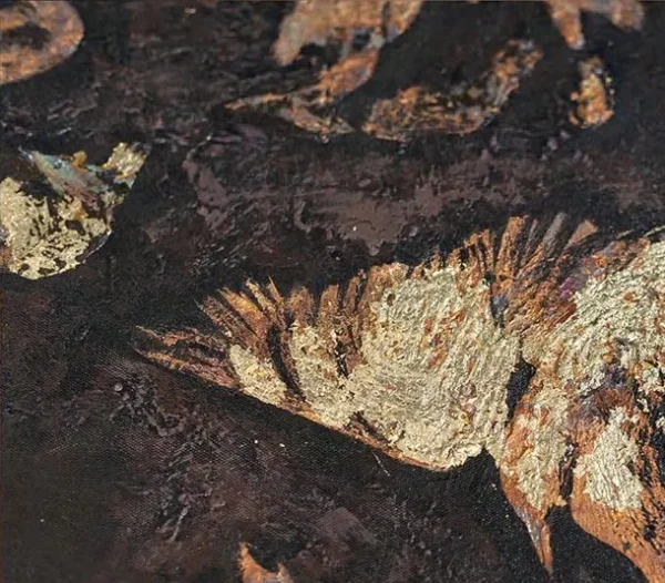 Gold Leaf on Black Abstract in Black Frame, 120 x 160 cm — detail