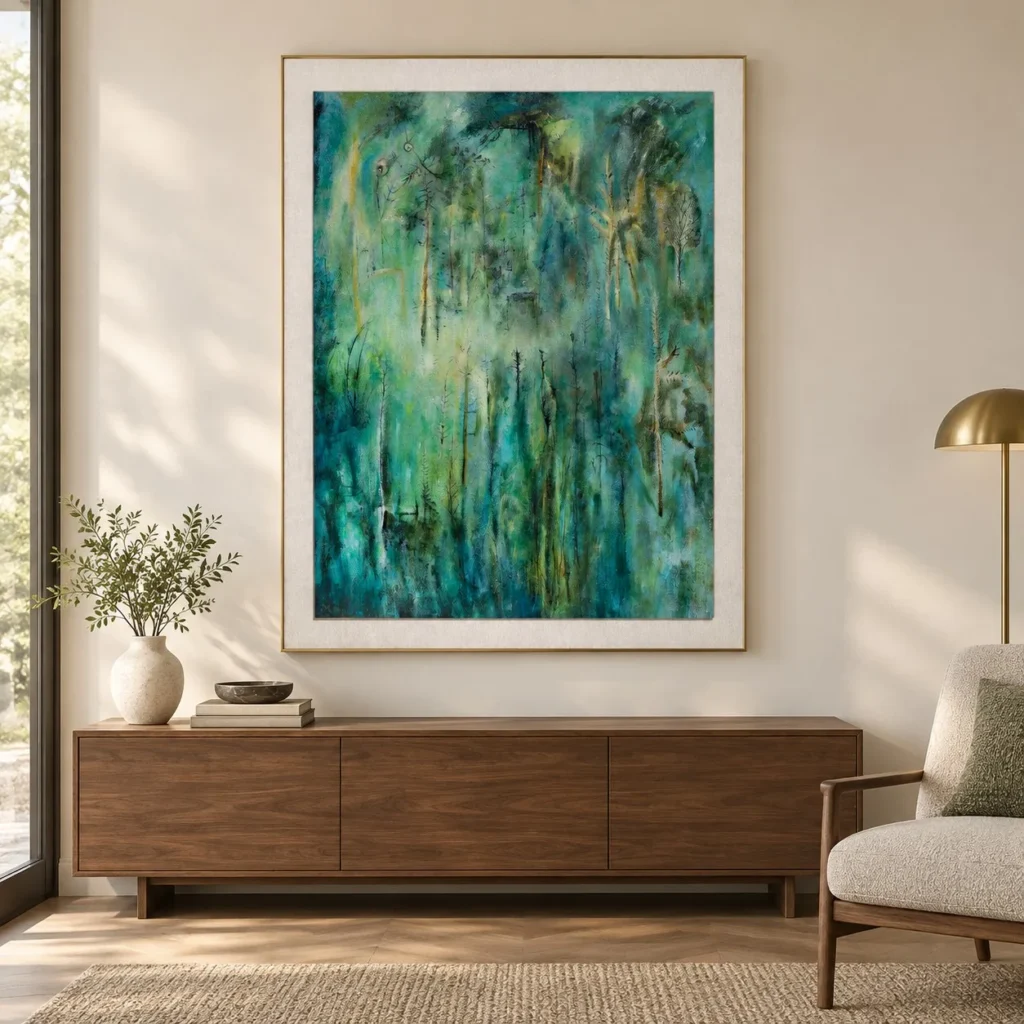 Teal Forest Wash Painting in Slim Frame, 130 x 165 cm — front view